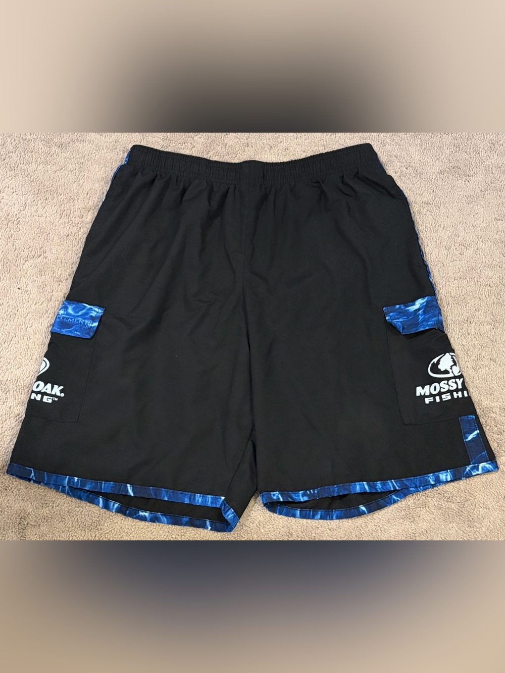 Mossy Oak Men’s Medium Fishing Elements Swim Cargo Shorts Black /Aqua Camo Trim